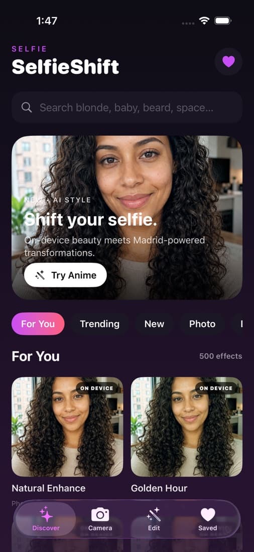 SelfieShift home screen showing photo effects